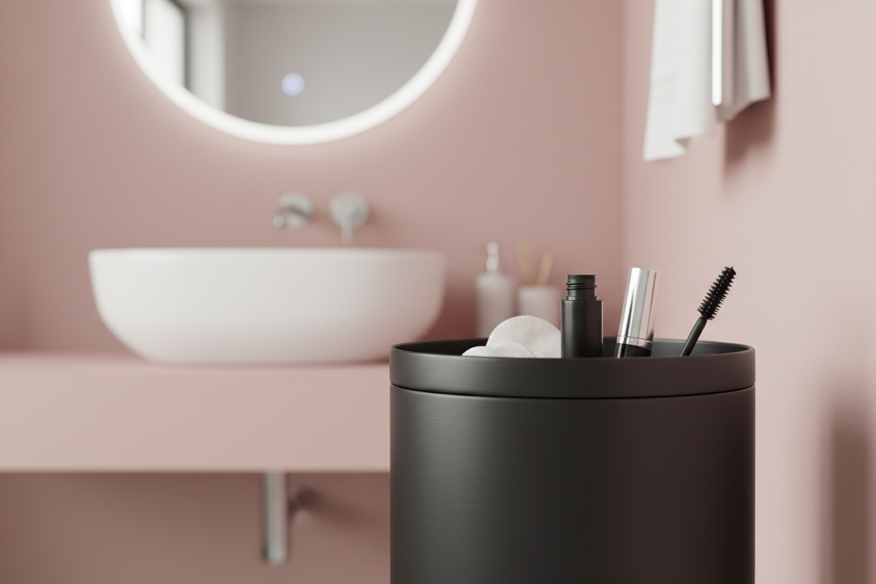 Bin with mascara in focus with pink bathroom background